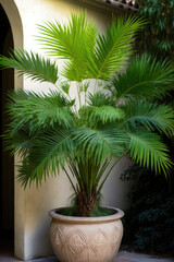 beautiful big plant with big green leaves in a flowerpot made of artificial stone created with Generative AI technology