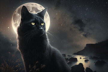 Black cat with full moon and surreal cosmic sky background illustration. Generative AI
