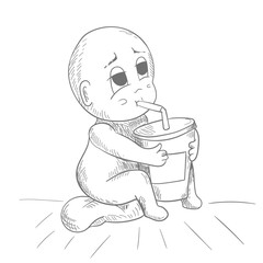 Little funny man Chibi sitting drinking juice from a glass through a straw contour vector illustration
