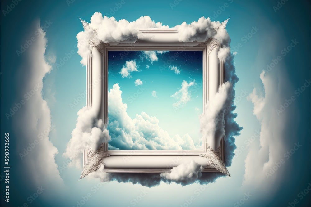 Poster frame isolated on white cloud background in the sky in square shape. concept of luxurious fantasy. f