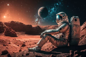 Fotobehang male astronaut seated on the moon's surface with Earth in the background. Generative AI © 2rogan