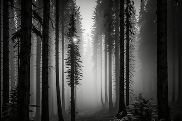 black and white illustration of a forest in the mist created with Generative AI technology
