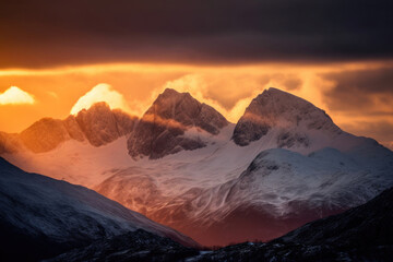the sun rises and illuminates snow covered mountains created with Generative AI technology