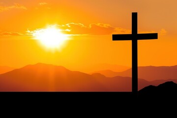 cross on the hill, wooden cross silhouette on top of a hill bathed in warm sunlight during sunset