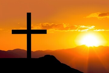 cross in the sunset, wooden cross silhouette on top of a hill bathed in warm sunlight during sunset