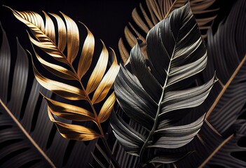 black and gold Palm leafs Platinum Tropical Wallpaper. Generative AI