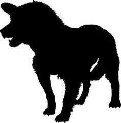 Shape of standing mongrel wearing jacket. Mongrel dog in vest. 
Vector illustration of a standing dog in doggy jacket. 
Mongrel vector graphic on transparent background. Illustrations of dogs