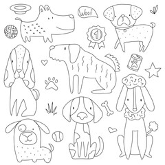 Vector hand drawn childish simple set with cute dogs, bones and paws in doodle style on white background. Set with dogs for children. Dog print. Cute baby animals.