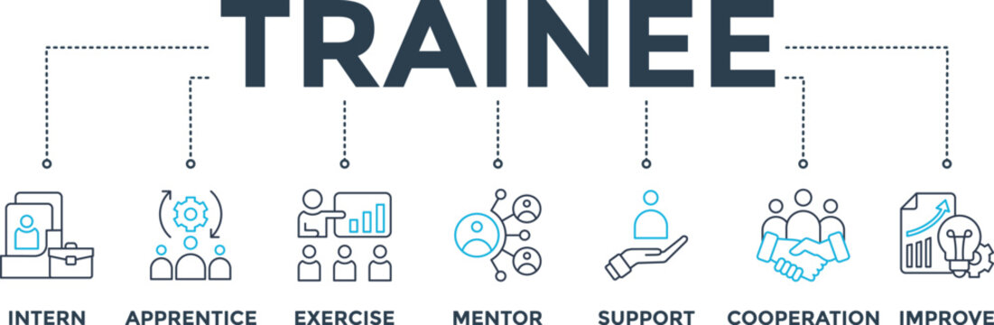 Trainee banner web icon vector illustration concept for internship training and learning program apprenticeship with an icon of intern, apprentice, exercise, mentor, support, cooperation and improve
