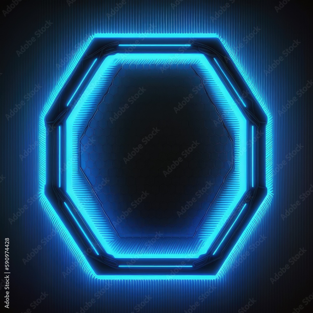 Poster innovation of hexagon border frame with blue neon light effects overlapped geometry in concept. fine
