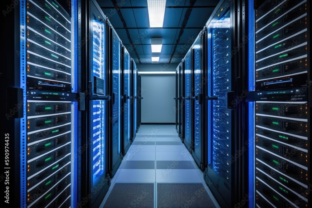 Poster data center with rows of servers and cables. generative ai