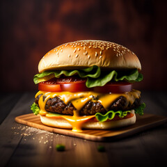 Tasty grilled beef burger with lettuce, cheese and onion served on cutting board on a black wooden table