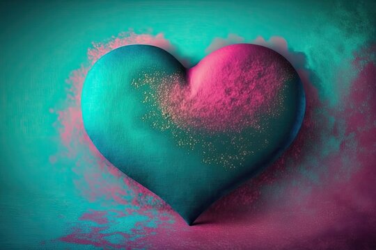 Colorful cartoon heart background. Red, teal, and pink hearts Valentine's Day. Love and romance. 