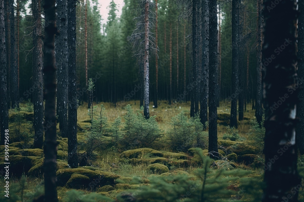 Poster dense forest with towering trees and vibrant foliage. generative ai