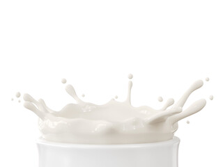 Close up Beauty Milk crown splashing on a cup isolate on white background. 3D Rendering. 