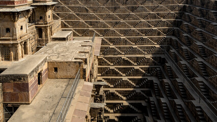 Ancient Indian step well in Jaipur, India, Architecture of stairs at Abhaneri Baori step well in Jaipur, Rajasthan, India.