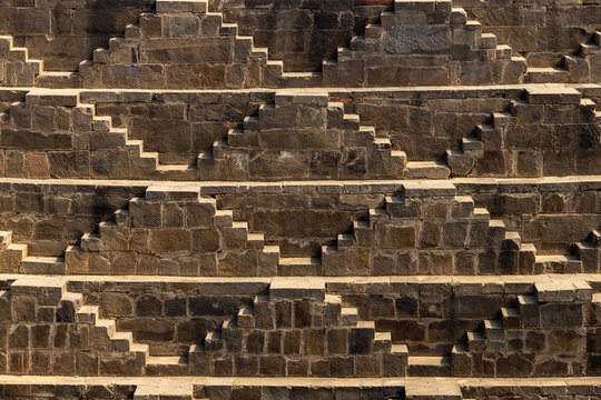Ancient Indian step well in Jaipur, India, Architecture of stairs at Abhaneri Baori step well in Jaipur, Rajasthan, India.