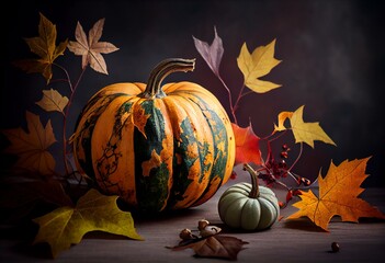 Naklejka na ściany i meble Fall Background with Leaves and Pumpkin. Seasonal Tabletop with copy-space. Generative AI