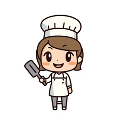 Mascot of cute chef girl wearing chef cap and uniform, holding spatula. Cartoon flat character vector illustration