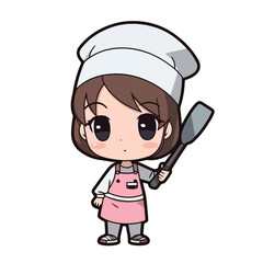 Mascot of cute chef girl wearing chef cap and uniform, holding spatula. Cartoon flat character vector illustration