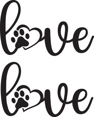 Handwritten word Love with paw print and heart. Design for pet lovers.