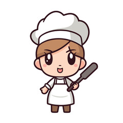 Mascot of cute chef girl wearing chef cap and uniform, holding spatula. Cartoon flat character vector illustration
