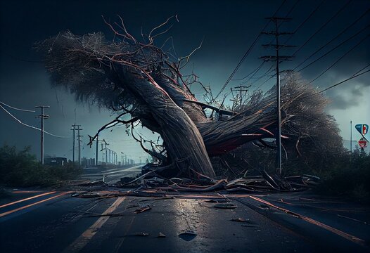 damaged city. storm damage aftermath Damaged tree by hurricane wind after storm.Tree down on the road. transformer on electric poles and a tree laying across power lines over road. Generative AI