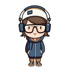 Mascot of cute cool hipster boy wearing jacket, headphone and hat. Cartoon flat character vector illustration