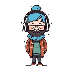 Mascot of cute cool hipster boy wearing jacket, headphone and hat. Cartoon flat character vector illustration