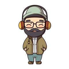 Mascot of cute cool hipster boy wearing jacket, headphone and hat. Cartoon flat character vector illustration