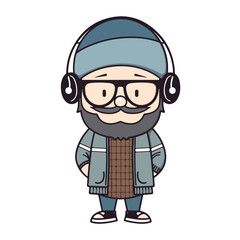 Mascot of cute cool hipster boy wearing jacket, headphone and hat. Cartoon flat character vector illustration