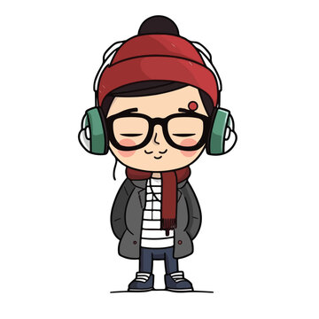 Mascot of cute cool hipster boy wearing jacket, headphone and hat. Cartoon flat character vector illustration