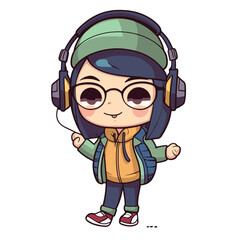 Mascot of cute cool hipster girl wearing jacket, headphone and hat. Cartoon flat character vector illustration