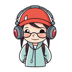 Mascot of cute cool hipster girl wearing jacket, headphone and hat. Cartoon flat character vector illustration