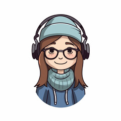 Mascot of cute cool hipster girl wearing jacket, headphone and hat. Cartoon flat character vector illustration