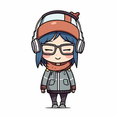 Mascot of cute cool hipster girl wearing jacket, headphone and hat. Cartoon flat character vector illustration