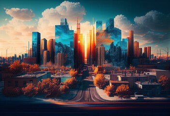 Fototapeta na wymiar Urban skyline. Downtown area. City panorama. Colorful artistic scenery. Digital art. Generative AI