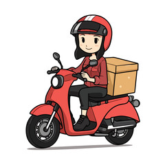 Mascot of cute delivery courier girl riding motorcycle carrying box. Cartoon flat character vector illustration