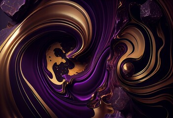 Dark Purple and Black Abstract Art. Modern Design with Marble Swirls and Agate Ripples. Luxury, Natural Texture with Gold Powder. Generative AI