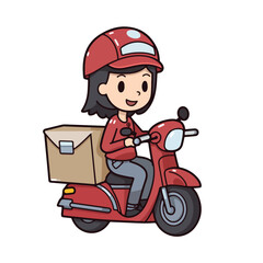 Mascot of cute delivery courier girl riding motorcycle carrying box. Cartoon flat character vector illustration