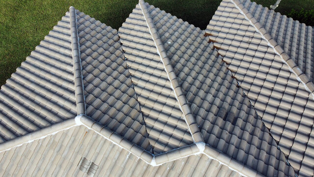 Gray Floridian tile roof near Tampa from aerial drone image