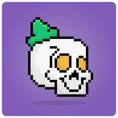 8 bit pixel, smiling skull wearing hat. Vector illustration for game assets.