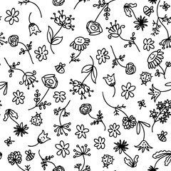 Doodle summer flowers monochrome seamless pattern. Perfect print for tee, paper, fabric, textile. Retro style vector illustration for decor and design.