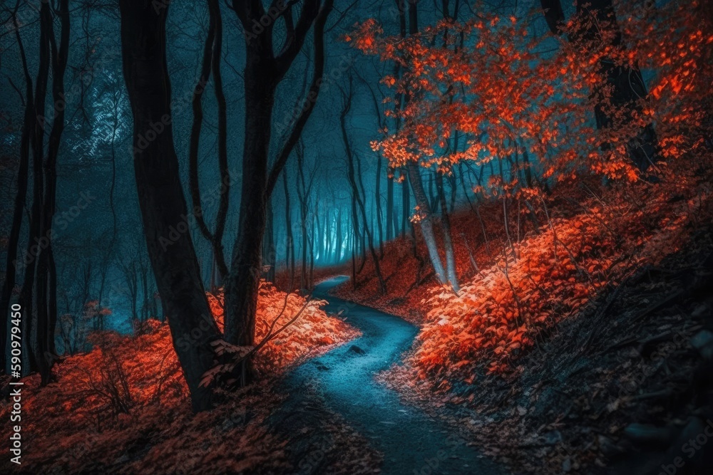 Poster mystical forest path illuminated by red lights. generative ai
