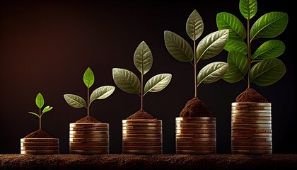 Fototapeta na wymiar a row of stacks of coins with a plant growing out of them. Tree leaf on save money coins, Business finance saving banking investment concept