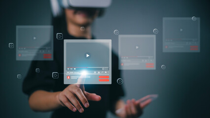 Women Wearing VR for streaming online on virtual screen, watching videos on the internet, webinars online, education on the internet, e-learning concept, Internet Technology Webinar, Online Courses,