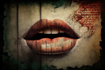 woman's lips against a gritty brick wall. Generative AI