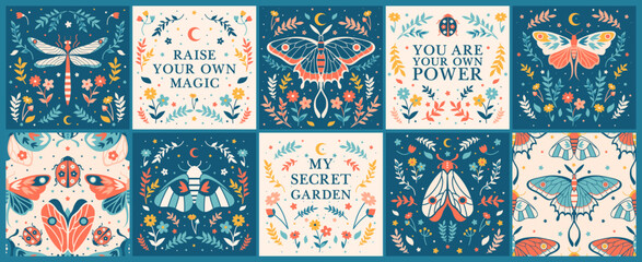 Square boho mystic botanical prints and folk seamless patterns with insects, moth, herbs, sacred positive affirmations.Moonlight witchcraft graphic with inspirational slogans in bloom frames.