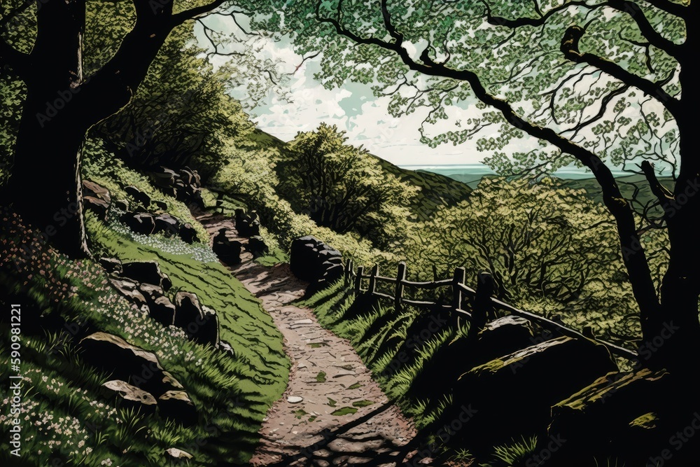 Poster serene forest path leading through the trees. generative ai