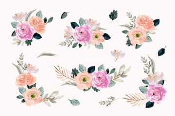 Fototapeta na wymiar pink peach floral watercolor arrangement